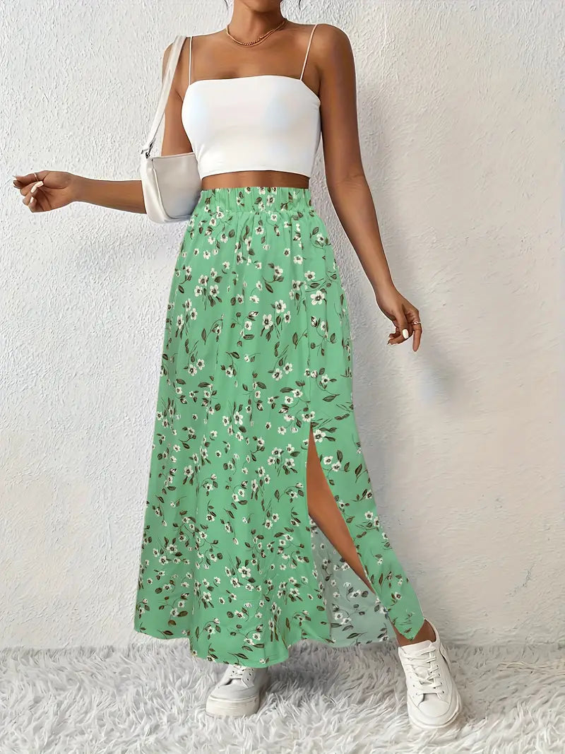 Jupe Longe d'Été à Taille Haute et Fente Latéral Femme