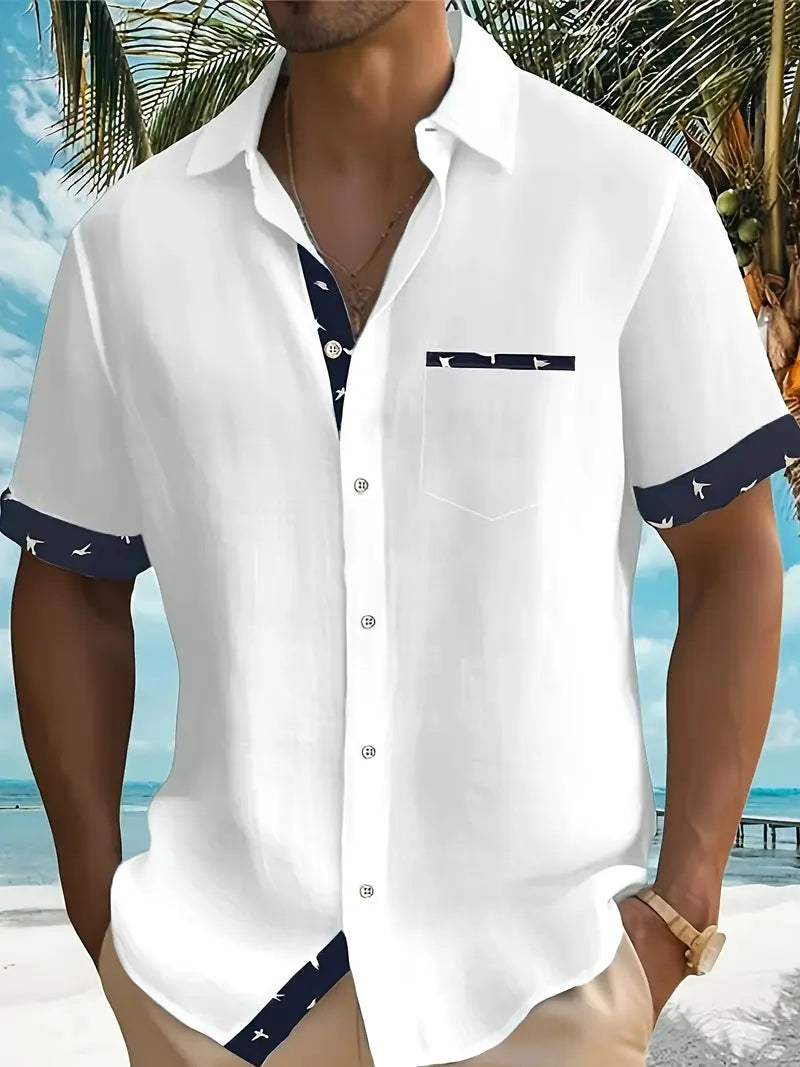 Chemise d'Été en Coton à Manches Courtes et Col en V Homme