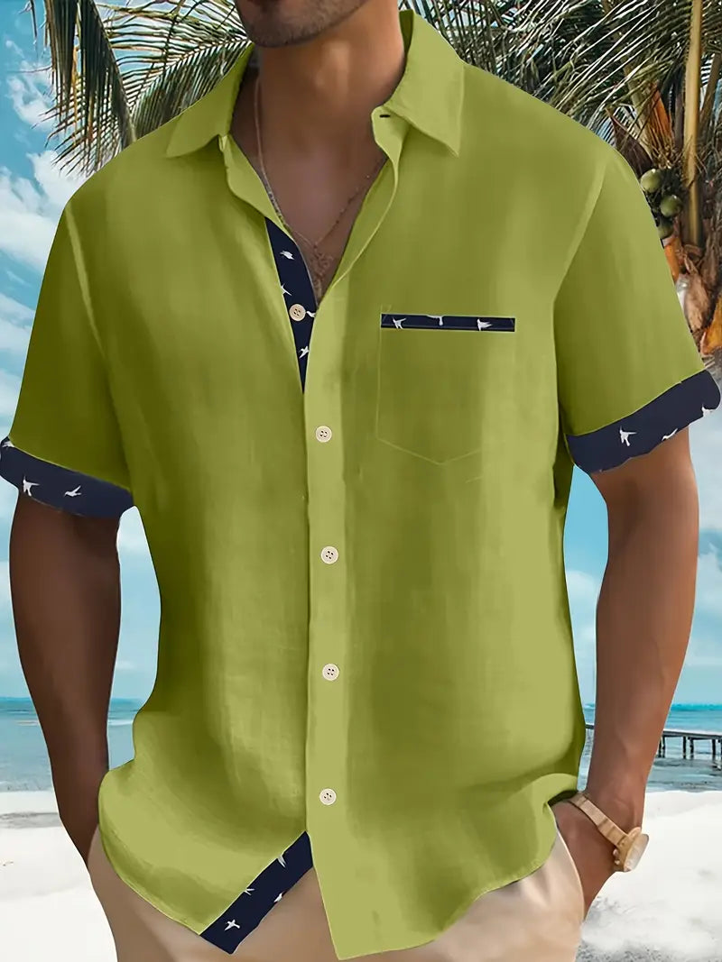 Chemise d'Été en Coton à Manches Courtes et Col en V Homme