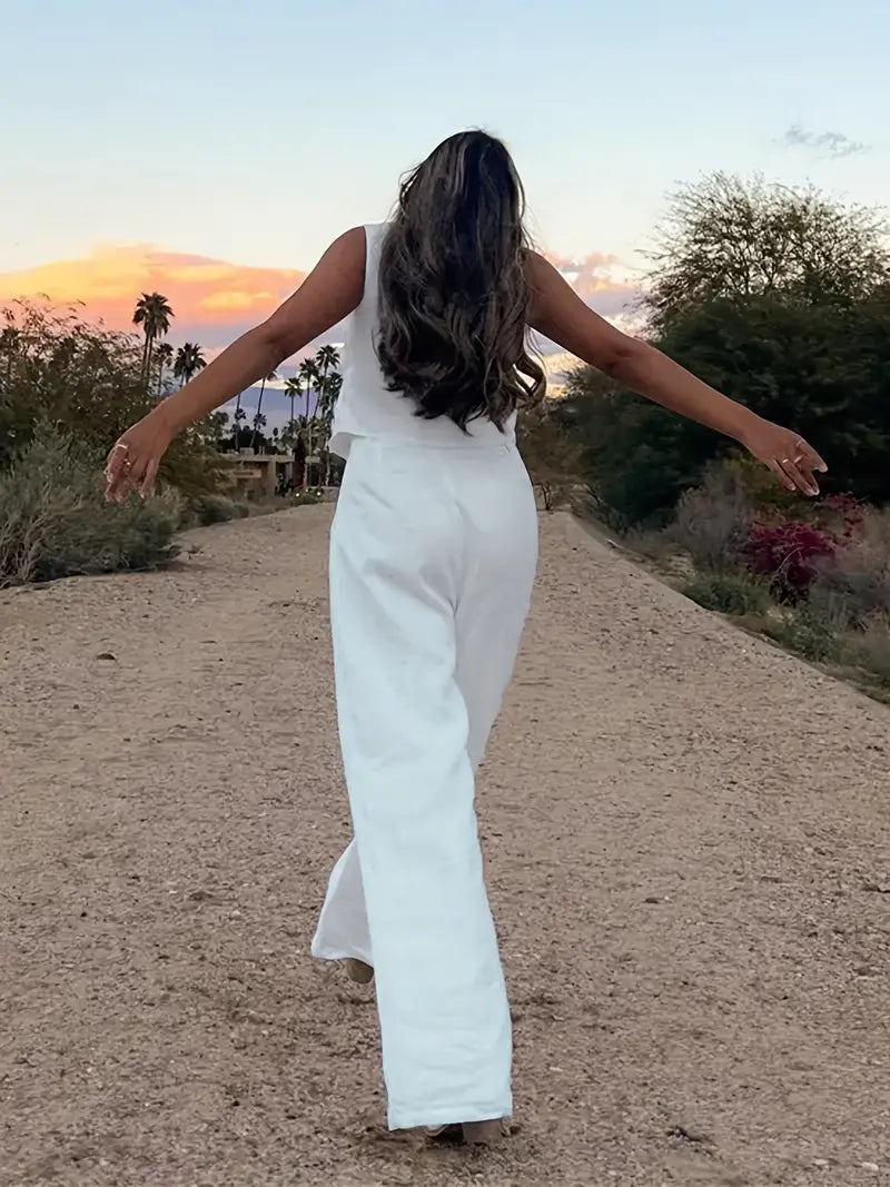 Ensemble Deux Pièces d'Été Femme - Haut Sans Manches Col en V et Pantalon Large