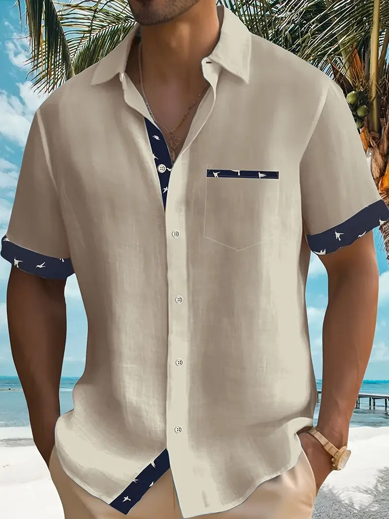 Chemise d'Été en Coton à Manches Courtes et Col en V Homme