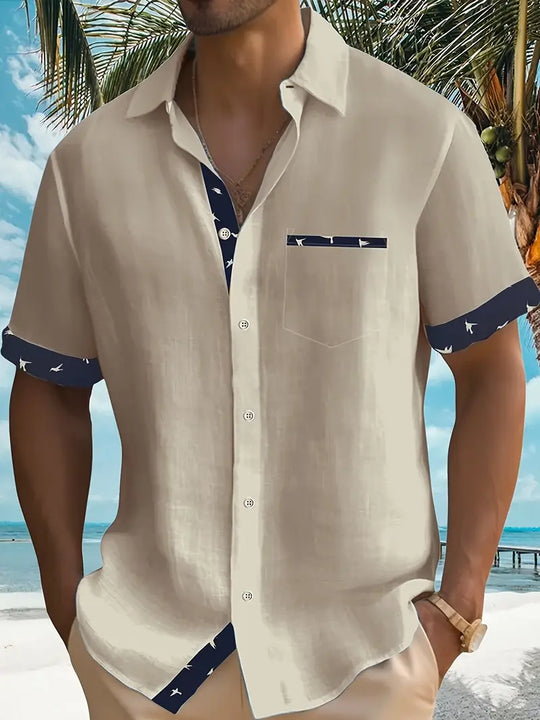 Chemise d'Été en Coton à Manches Courtes et Col en V Homme