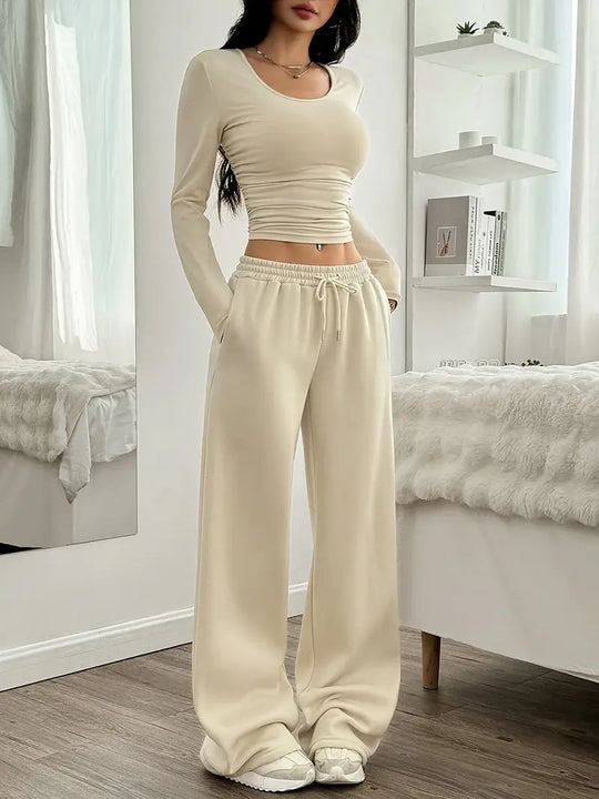 Ensemble Deux Pièces d'Été Femme - T shirt Manches Longues et Pantalon Large