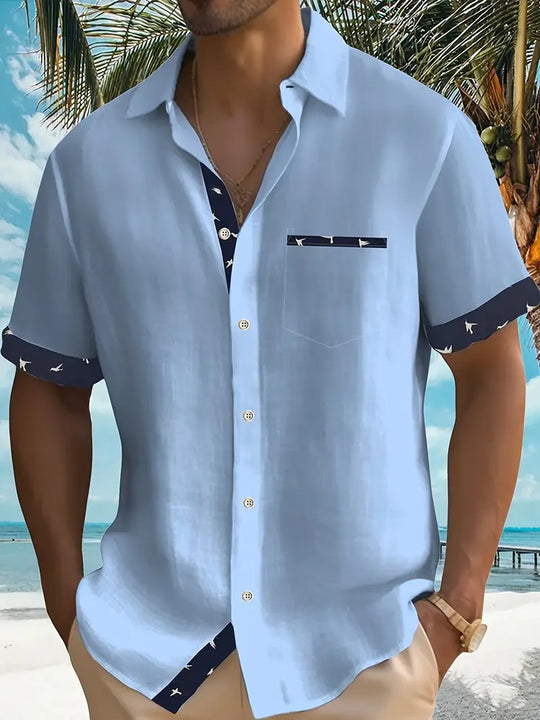 Chemise d'Été en Coton à Manches Courtes et Col en V Homme