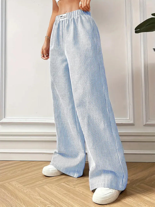 Pantalon d'été Large à Rayures Bleyes Femme