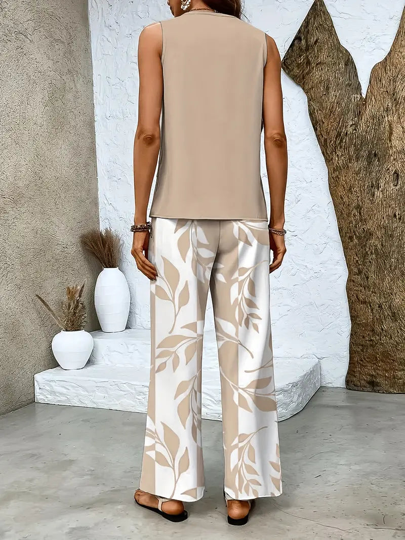 Ensembles Deux Pièces d'été à Fleurs - Pantalon Long et Haut Sans Manches Femme