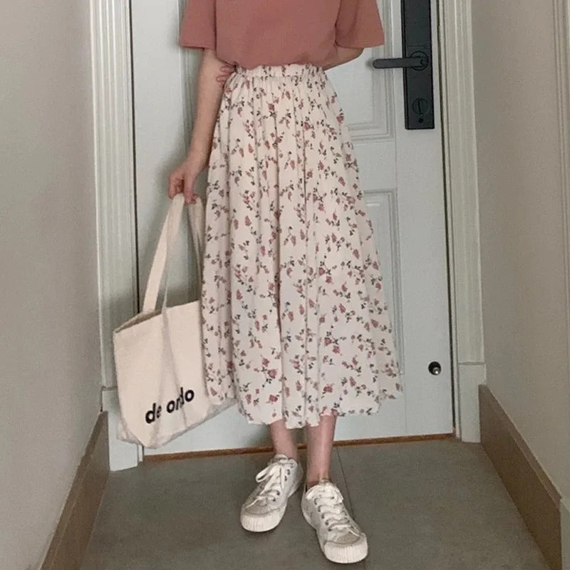 Jupe Longue Plissée d'Été Fleurie Vintage Femme